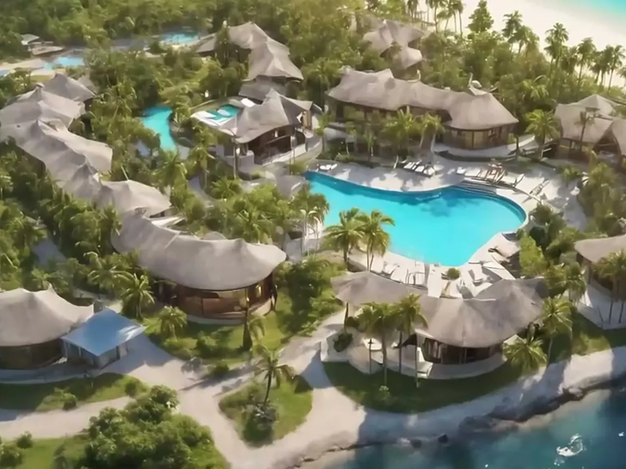 Resort insulaire : villas aux toits de chaume autour d’une piscine, au bord de l’eau