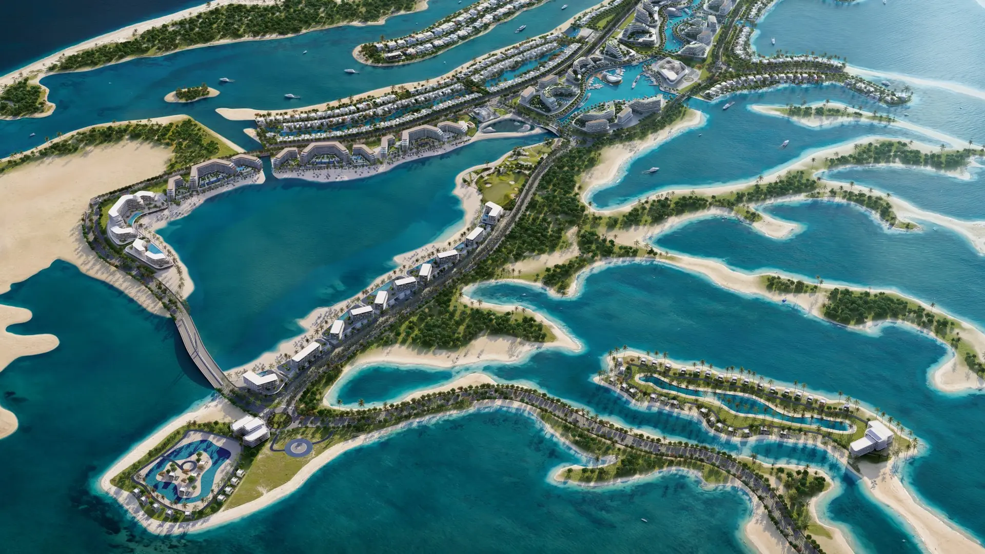 Siniya Island vue du ciel, ses lagunes et le pont vers le continent à Umm Al Quwain