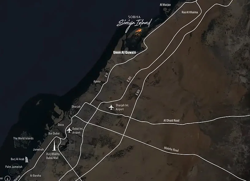 Carte : Siniya Island au large d'Umm Al Quwain, au nord de Sharjah et de Dubaï, avec les grands axes et les aéroports