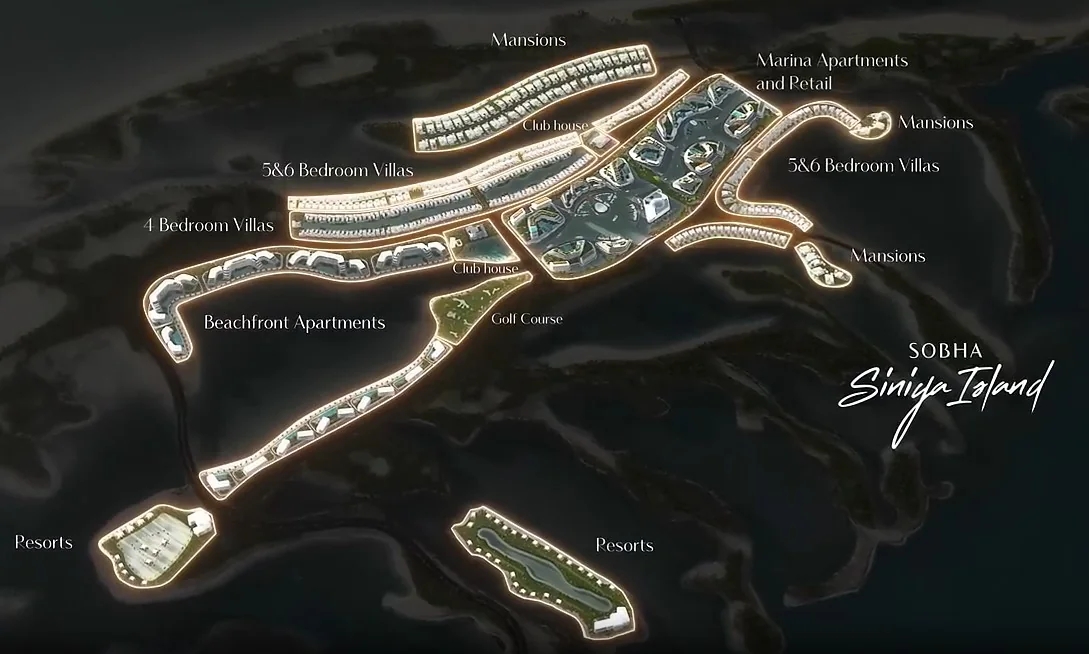 Plan directeur de Sobha pour Siniya Island de nuit : appartements en front de mer, villas de quatre et de cinq-six chambres, mansions, appartements et commerces de la marina, clubs-houses, golf et deux resorts