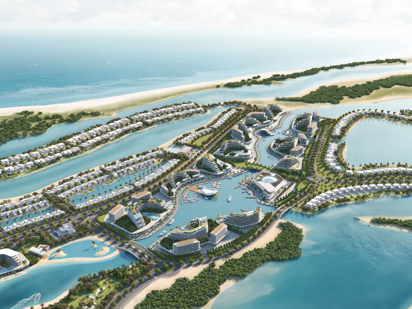 Vue aérienne basse de Siniya Island : appartements en front de mer, marina et lagune